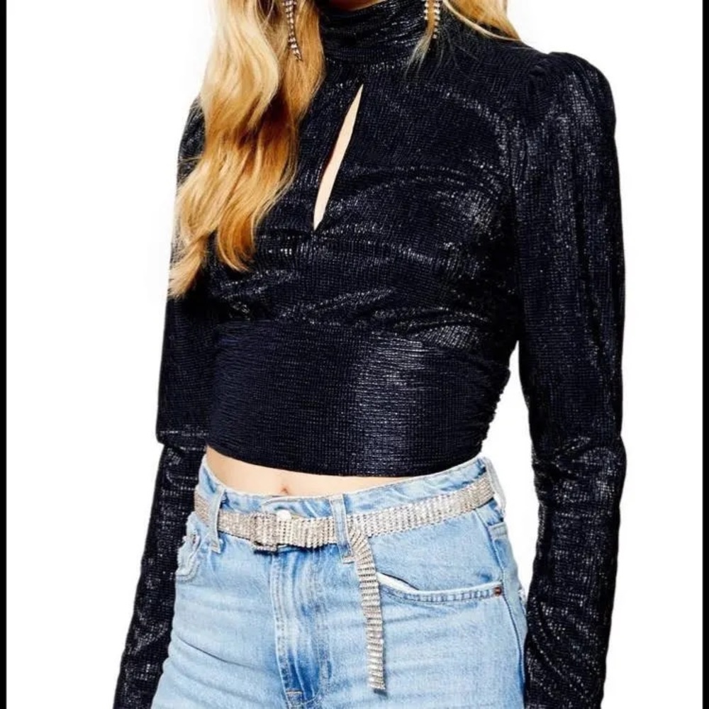 Topshop - super sexy high neck tie back blouse in navy NWT size US 4